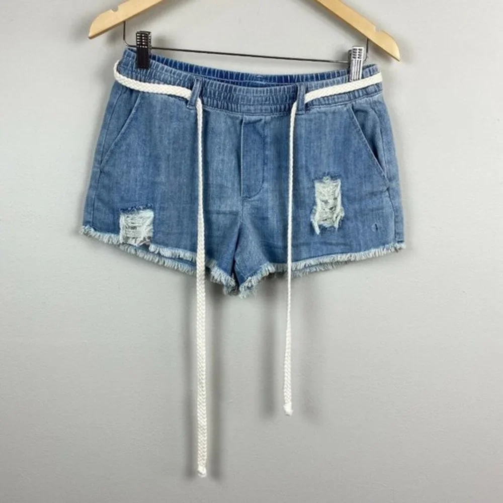 Aerie Denim Shorts S Blue‎ Jean Belted Cut Off Fray Hem Distressed New
